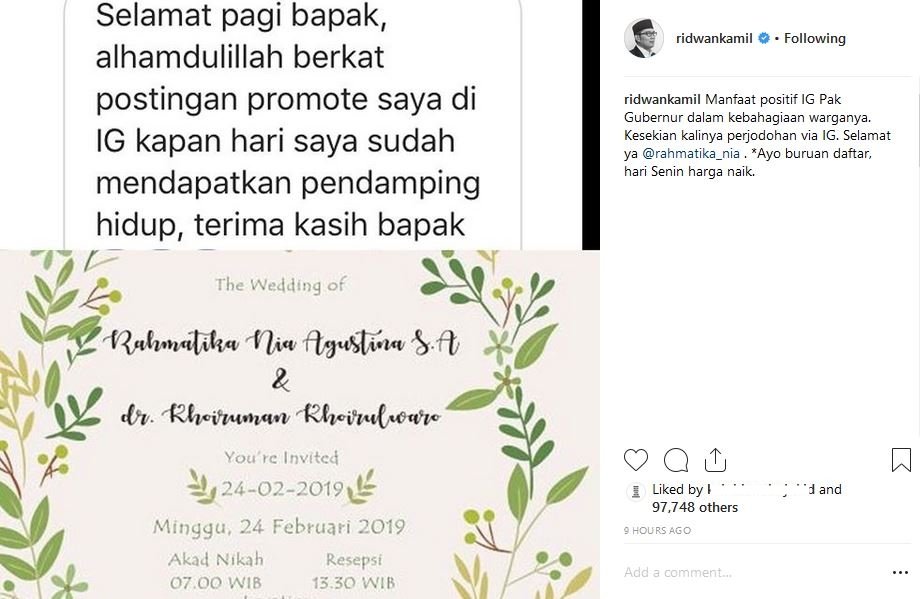 Akun IG-nya Jadi 'Ladang' Jodoh, Ridwan Kamil Diundang ke Nikahan Hasil Comblangannya. Ngakak Sih!