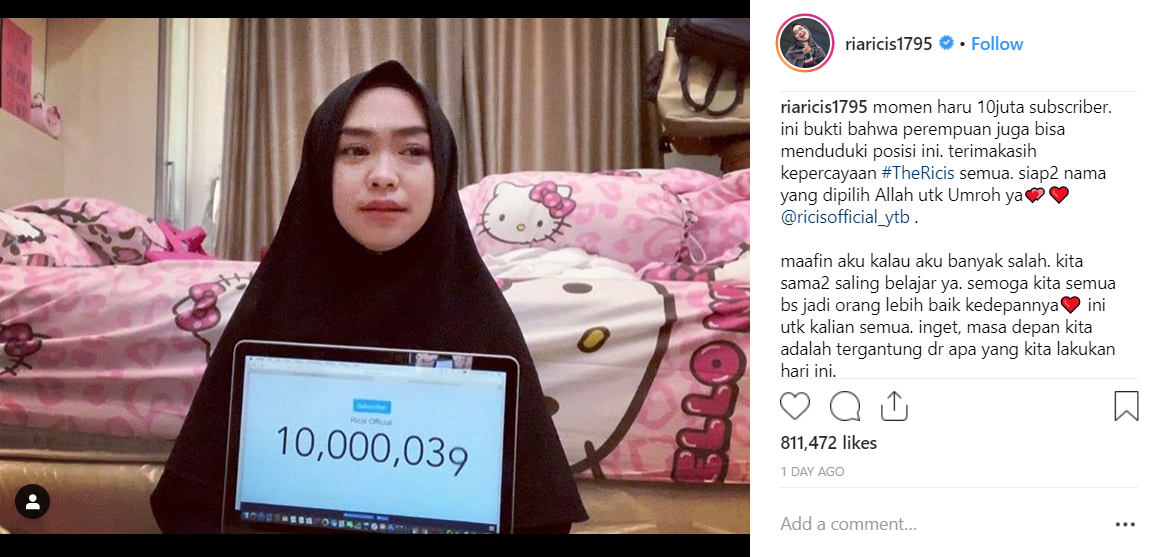 Jadi Vlogger Berhijab Pertama yang Raih 10 Juta Subscribers, Ria Ricis: 