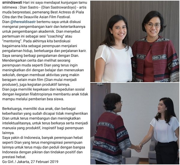 Momen Pertemuan Dian Sastro dan Menteri Sri Mulyani. Para Perempuan Idola Nih!