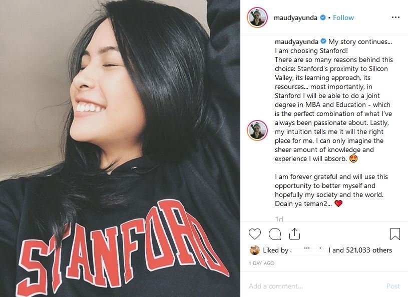 Maudy Ayunda Akhirnya Jatuhkan Pilihan, Ia Memilih Stanford dan Ini Alasannya!