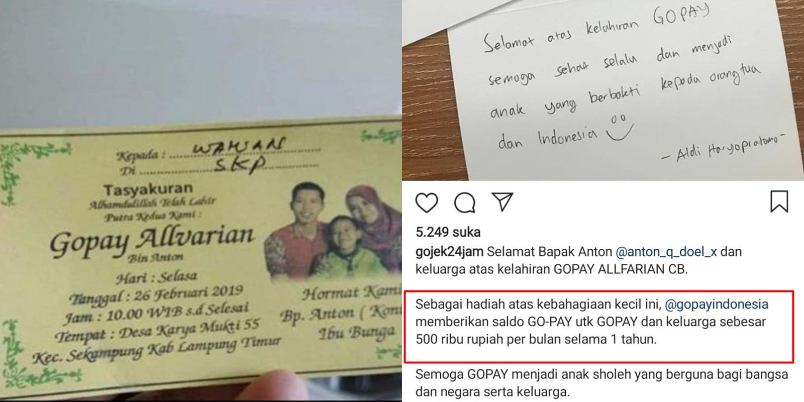 Namai Anak dengan “Gopay”, Gojek Berikan Keluarga Ini Gopay Gratis Selama Setahun. Rezeki Anak Saleh