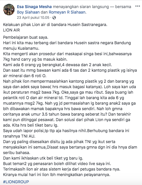 Lagi, Lion Air Kembali Bikin Penumpang Kecewa. Viral Penumpang Balita Harus Bawa Barangnya Sendiri!