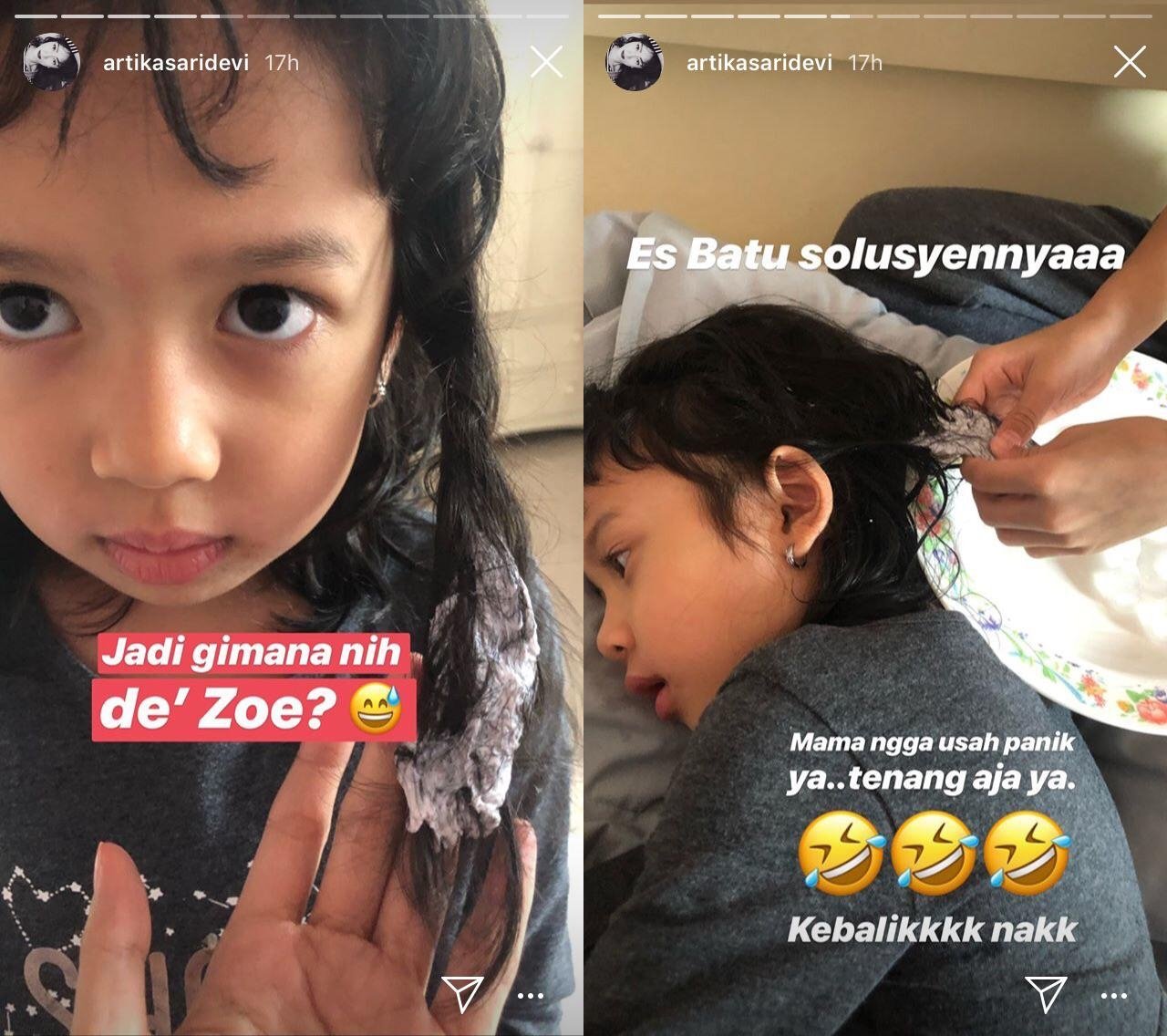 Artika Sari Devi Punya Solusi Kocak Atasi Rambut Anaknya yang Kena Slime. The Power of Emak-Emak!