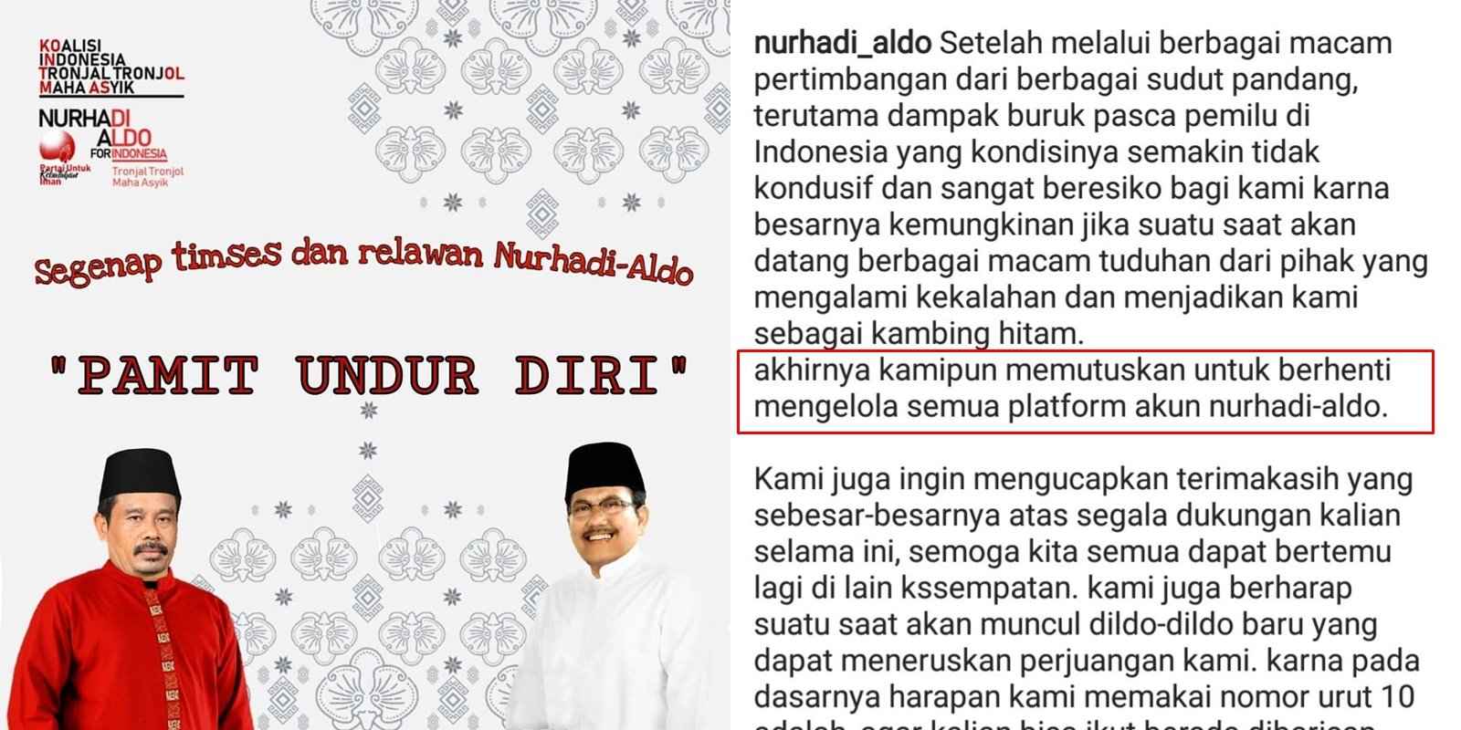 Pasangan Capres Nurhadi-Aldo Dikabarkan Pamit dari Pilpres, 6 Hal Kocak ini Mungkin Jadi Penyebabnya