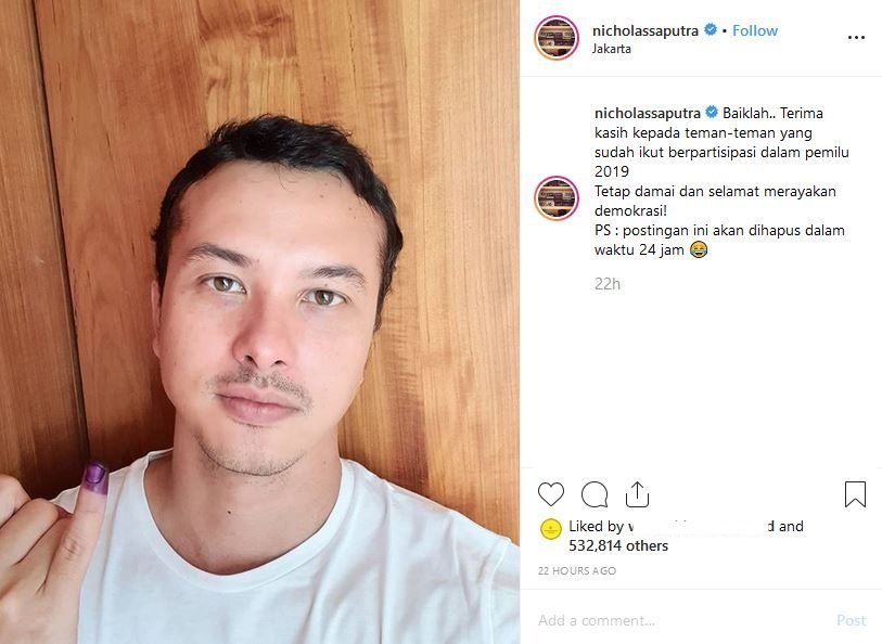 Nicholas Saputra Selfie Ganteng Abis Nyoblos, Publik: 'Hari Screenshoot Sedunia!'