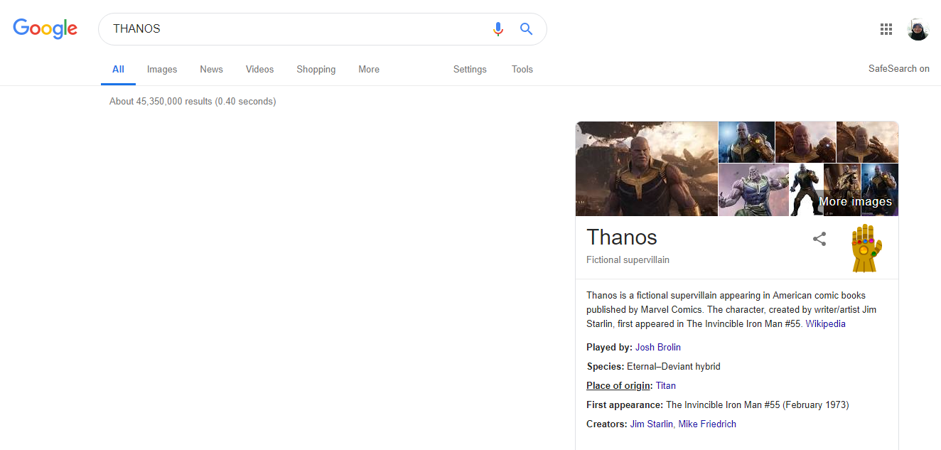 Google Ikut-Ikutan Demam Avengers. Kalau Kamu Tik Keyword 'Thanos' Hal Keren ini Bakal Muncul!