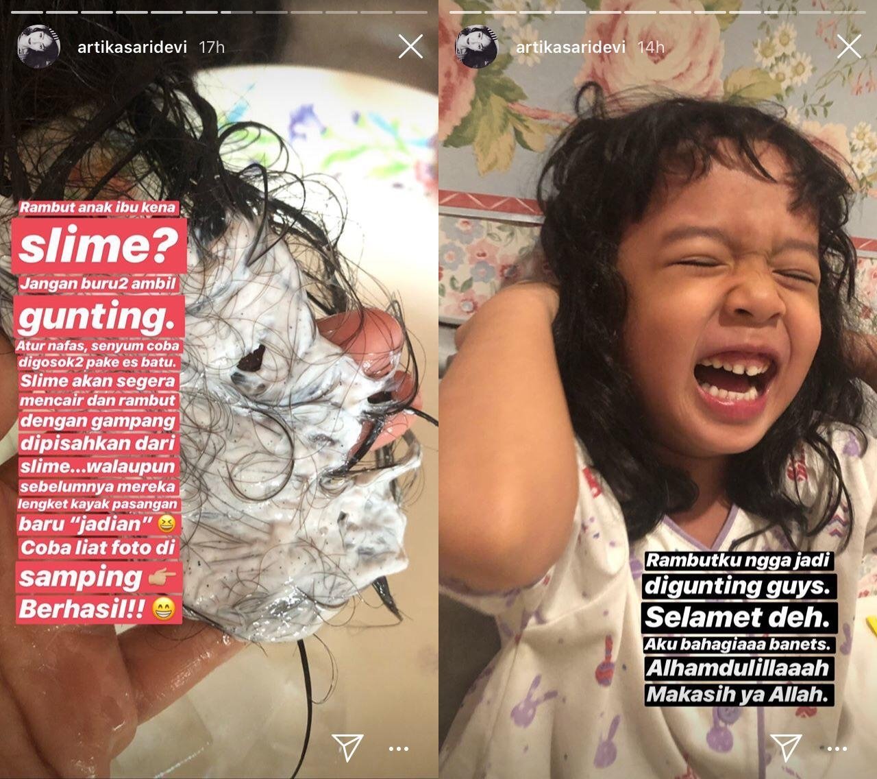 Artika Sari Devi Punya Solusi Kocak Atasi Rambut Anaknya yang Kena Slime. The Power of Emak-Emak!