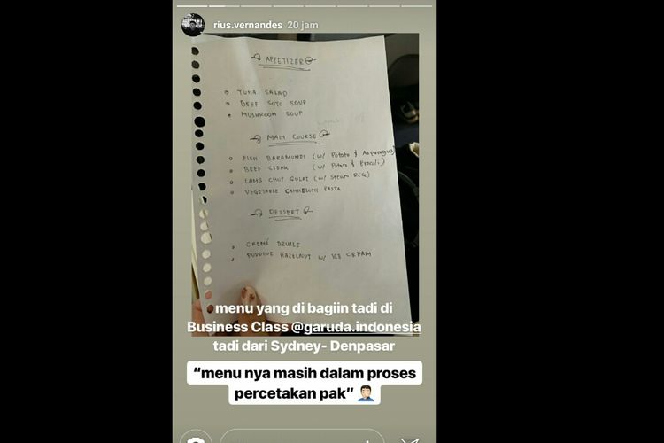 Viral Menu Makan di Kelas Bisnis Garuda Cuma Pake Tulisan di Kertas. Begini Kejadian Sebenarnya