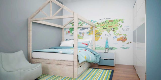 Kamar tidur anak kekinian dengan dekorasi edukatif di Simple Interior House karya Vivame Design