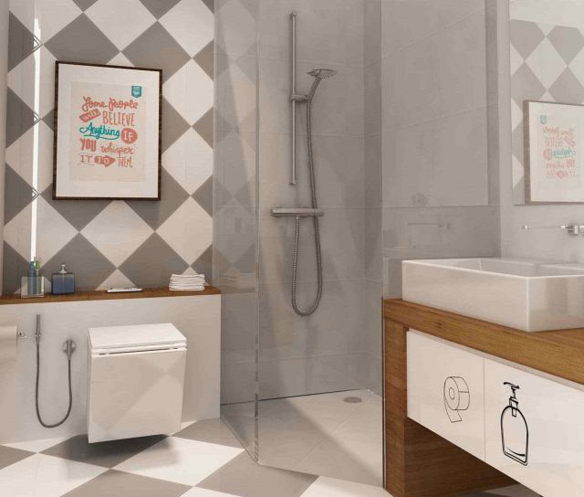 Desain keramik kamar mandi diamond tiles, project hunian Paulus Hyu oleh Revano Satria 