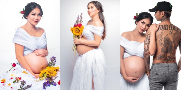 10 Foto Maternity Istri Young Lex, Eriska Nakesya. Serba Putih, Bertabur Bunga Warna warni!