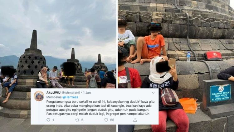 Potret Wisatawan Domestik yang Duduk-duduk di Stupa Candi Borobudur. Duh, Jangan Ditiru ya!