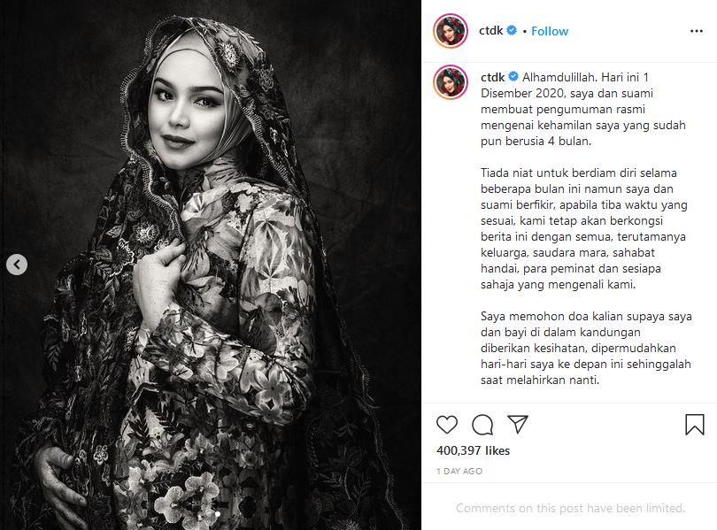 Sebentar Lagi Berusia 42 Tahun, Siti Nurhaliza Umumkan Kehamilan yang Kedua. Selamat!