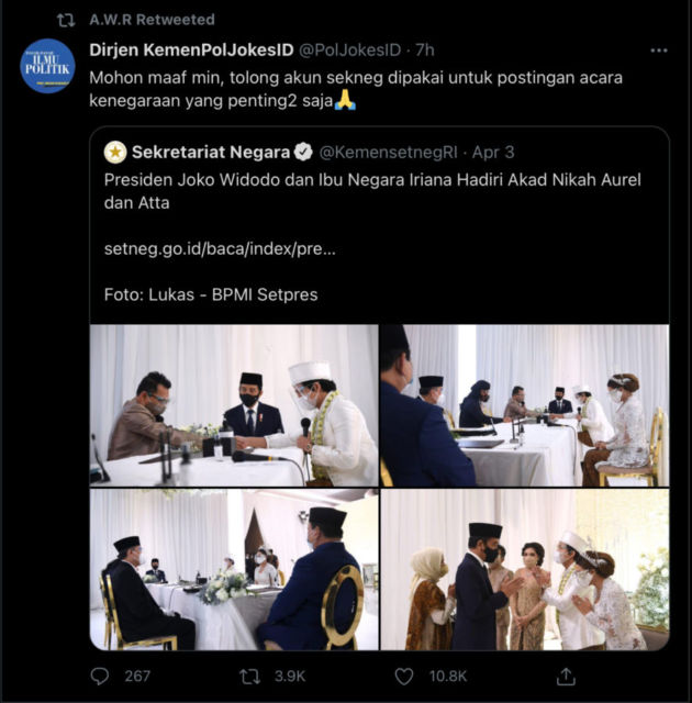 Unggah Momen Pernikahan Atta-Aurel, Akun Twitter Kementerian Sekretariat Negara Diserbu Warganet