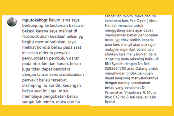 Lama Tak Terdengar Kabar, Pak Ogah Diketahui Sedang Sakit Parah. Alami Penyumbatan Darah di Otak