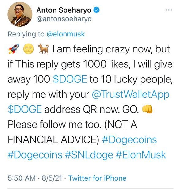 CEO MainGame Tantang Followers Elon Musk dengan Imbalan Dogecoin