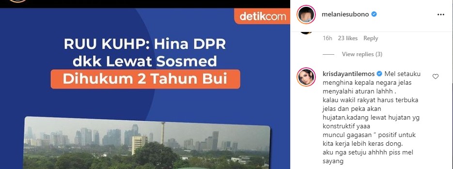 Melanie Subono Sindir RUU KUHP Soal Penghinaan DPR, Krisdayanti Langsung Beri Komentar