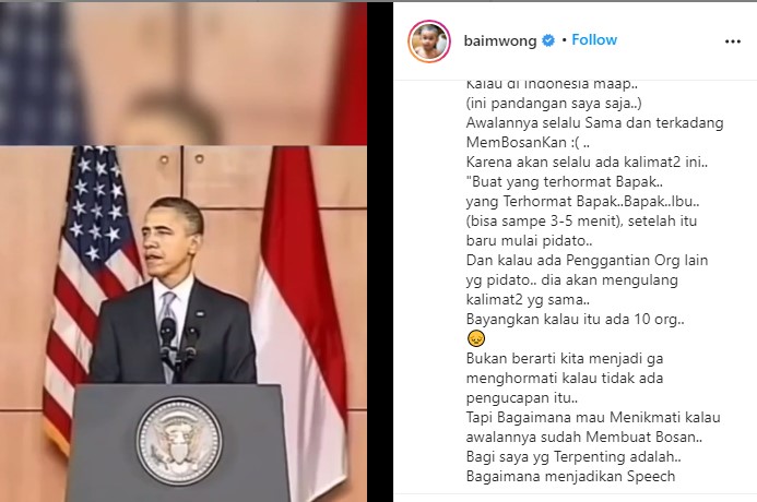 Terkesima dengan Pidato Barack Obama, Baim Wong Bandingkan Tekniknya dengan para Pejabat Indonesia