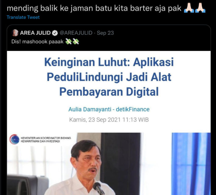 Luhut Pengin PeduliLindungi Jadi Alat Pembayaran Digital, Warganet: Nggak Sekalian Jadi Medsos?