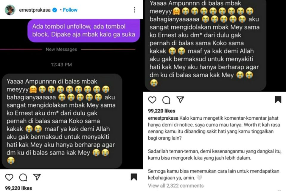 Istri Dapat Komentar Jahat, Ernest Prakasa Bereaksi: Semoga Kamu Menemukan Cara Lain untuk Bahagia