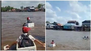 Viral Bocah SD Seberangi Sungai Naik Styrofoam. Memang Miris, tapi Cek Dulu Kebenarannya