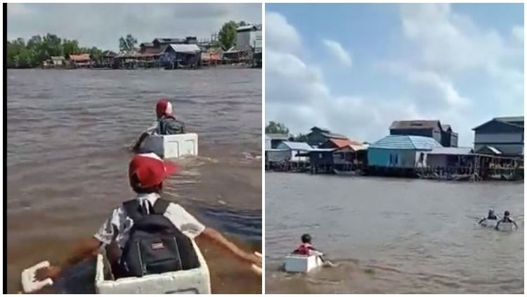 Viral Bocah SD Seberangi Sungai Naik Styrofoam. Memang Miris, tapi Cek Dulu Kebenarannya