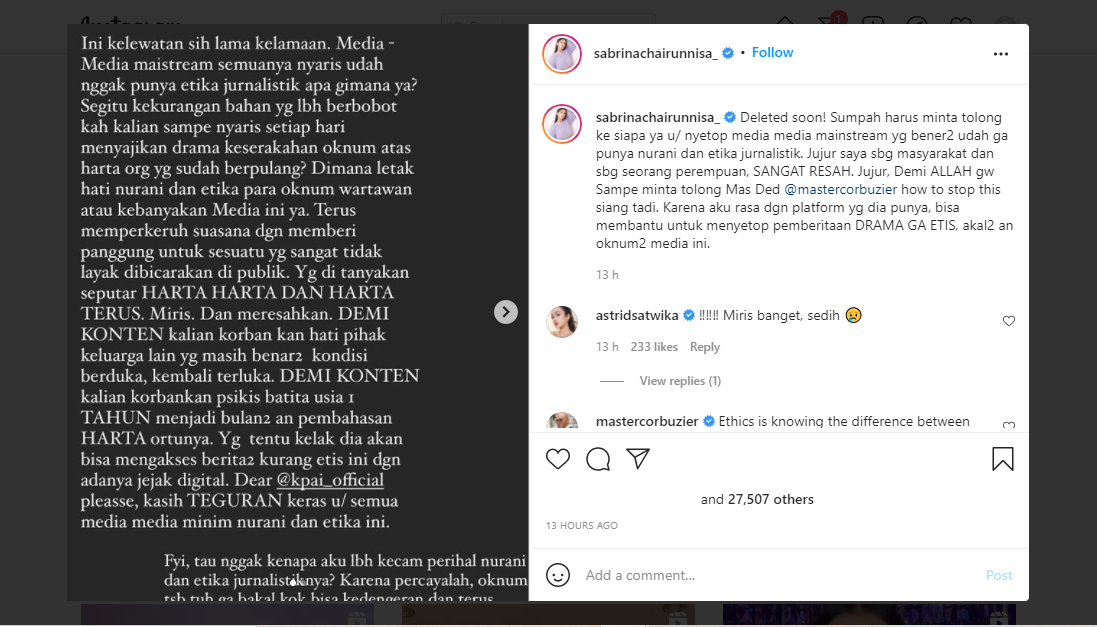 Sabrina Tanggapi Pemberitaan Soal Harta Peninggalan Vanessa