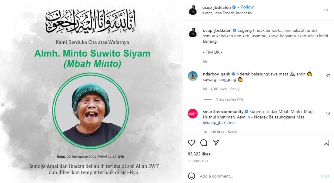 Mbah Minto Meninggal Dunia, Publik Turut Merasa Kehilangan Sosoknya yang Ceria