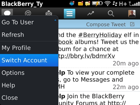 Tampilan layar Twitter for BlackBerry