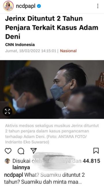 Jerinx dituntut 2 tahun penjara