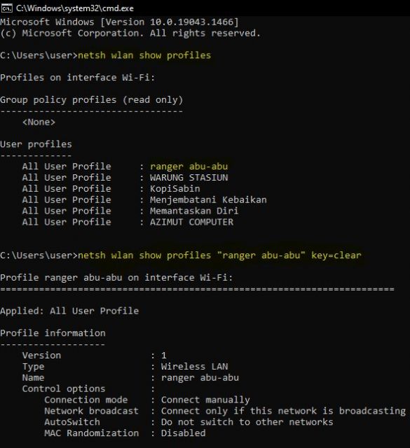  Cara melihat password wifi di laptop dengan cmd