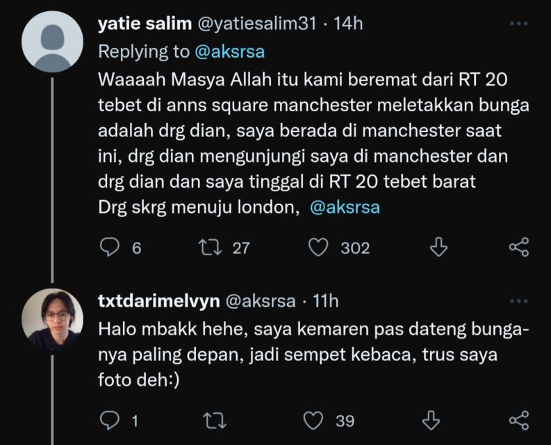 Karangan bunga dikirim oleh warga Indonesia yang tinggal di Manchester